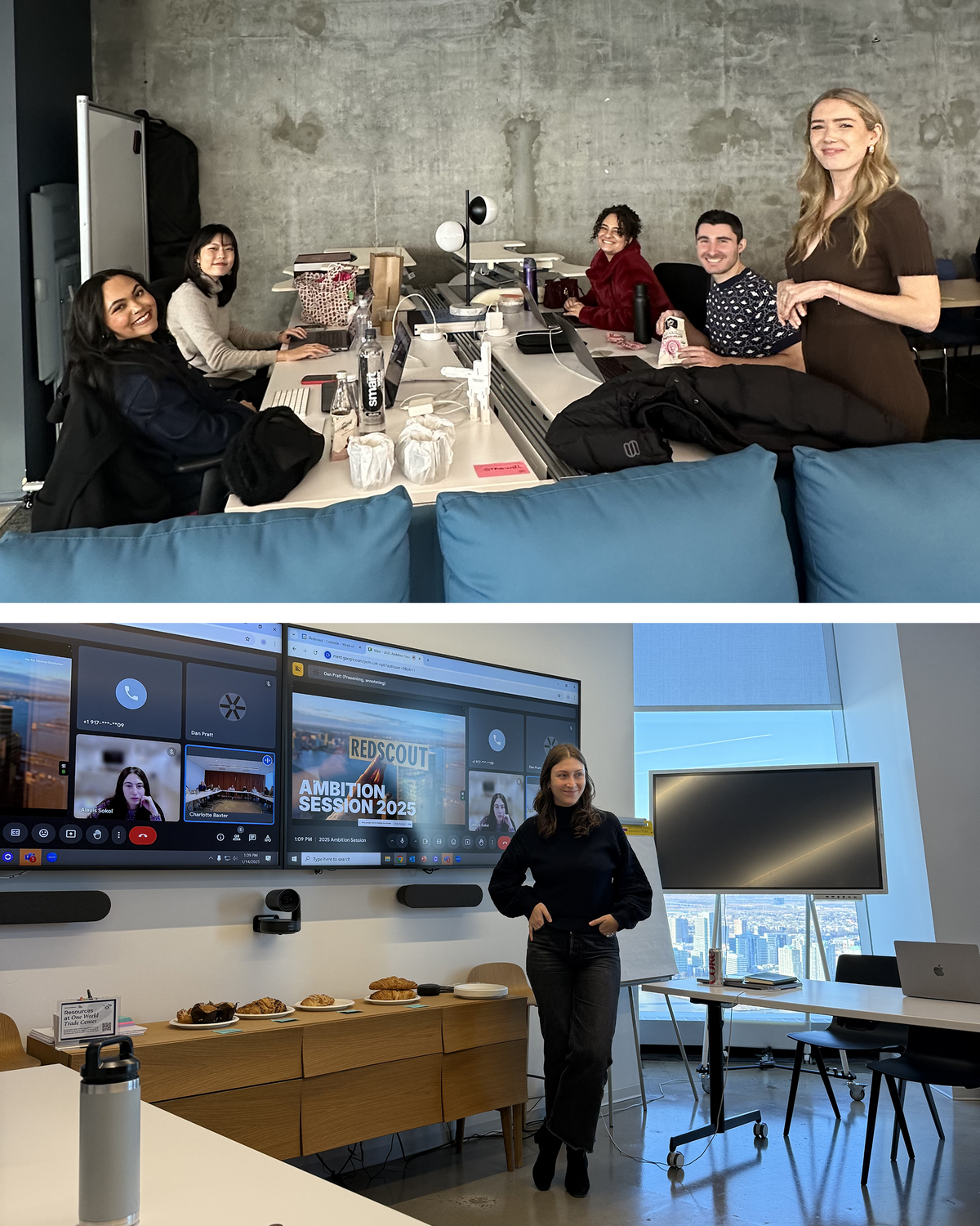Two separate images stacked. The top image shows five smiling coworkers gathered at a shared desk in a modern office with an industrial concrete wall. They are seated or standing, engaging with each other and their workstations. The bottom image features a woman in a black sweater standing in front of two large screens displaying a virtual meeting titled 'Redscout Ambition Session 2025.' A conference table with pastries and beverages is set up in a bright office with floor-to-ceiling windows overlooking a c