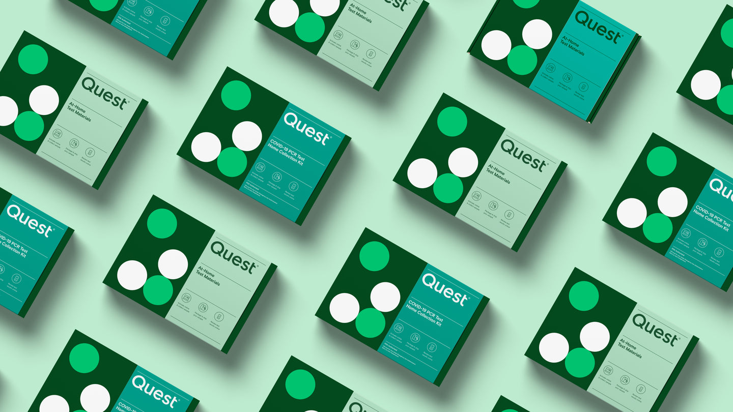 Patterned arrangement of Quest at-home test kits displayed on a mint-green background.