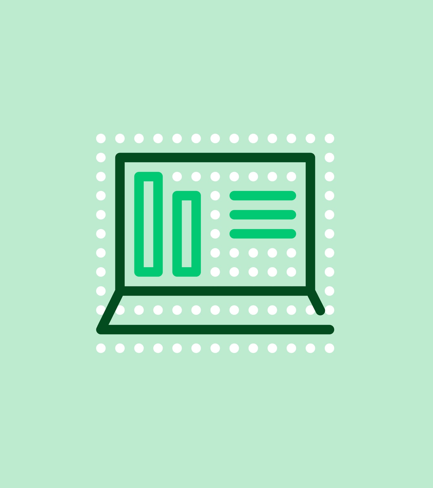 A simple, modern illustration of a laptop with data charts on a light green background, framed by white dots.