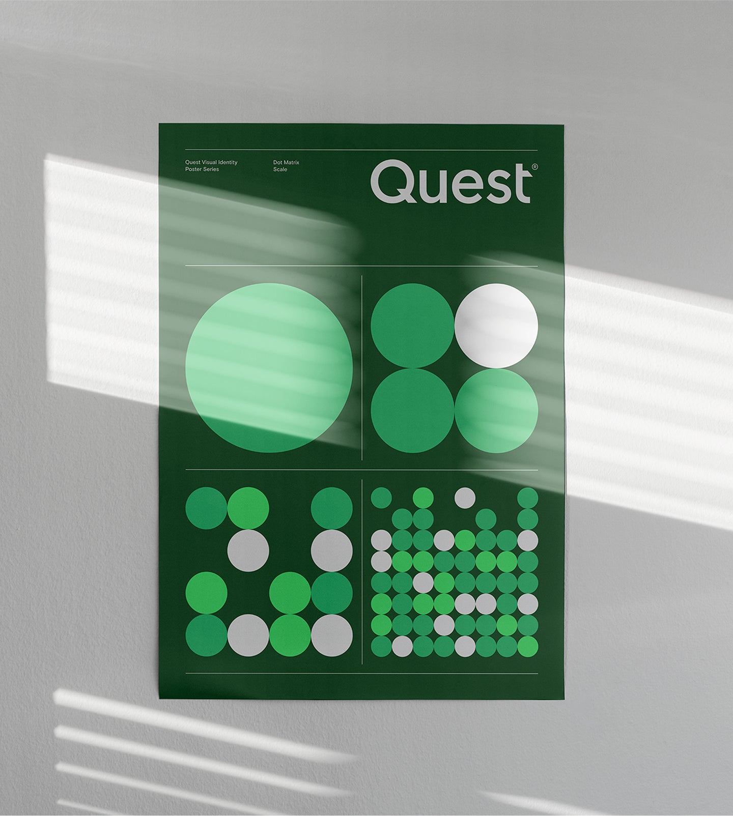 A poster displaying Quest’s visual identity through data-inspired circular patterns in green and white, along with branding elements.