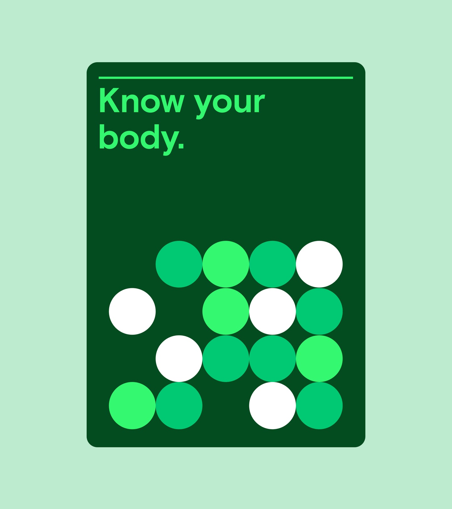 Illustrated card reading "Know Your Body" with green and white dots arranged in a pattern.