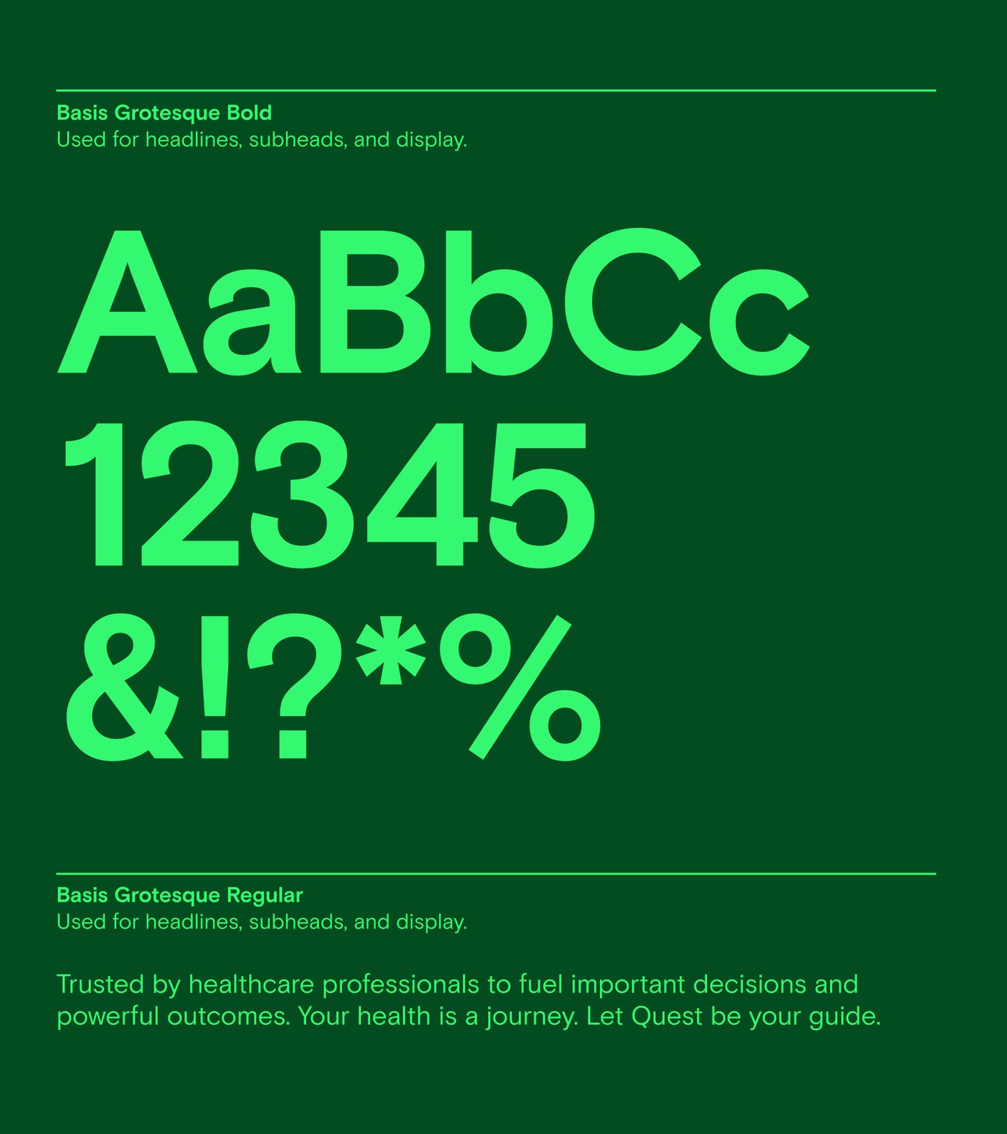 Typography display in bright green showcasing Quest’s font choices for headlines and subheads.