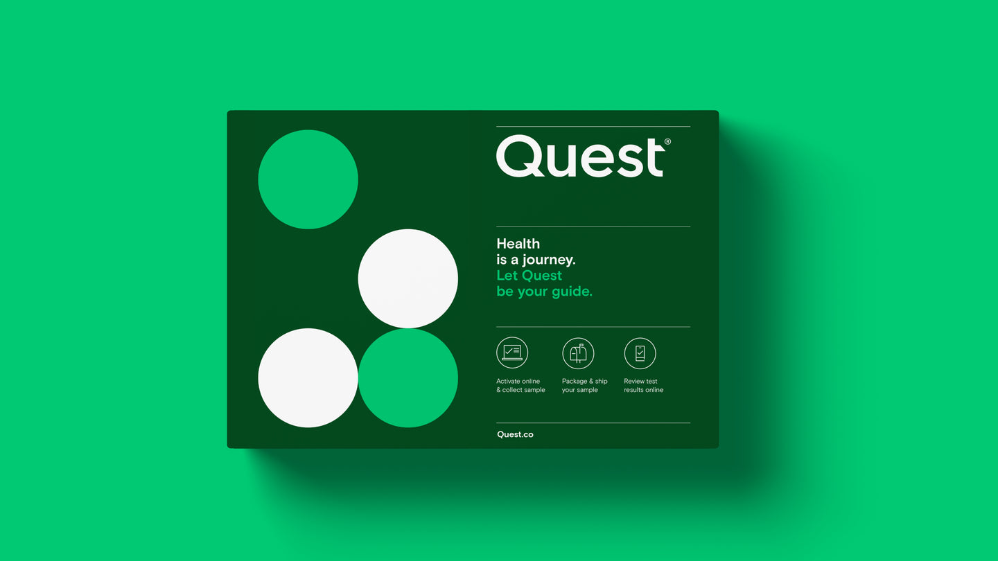 Quest health test kit packaging with a sleek green and white design featuring circular elements.