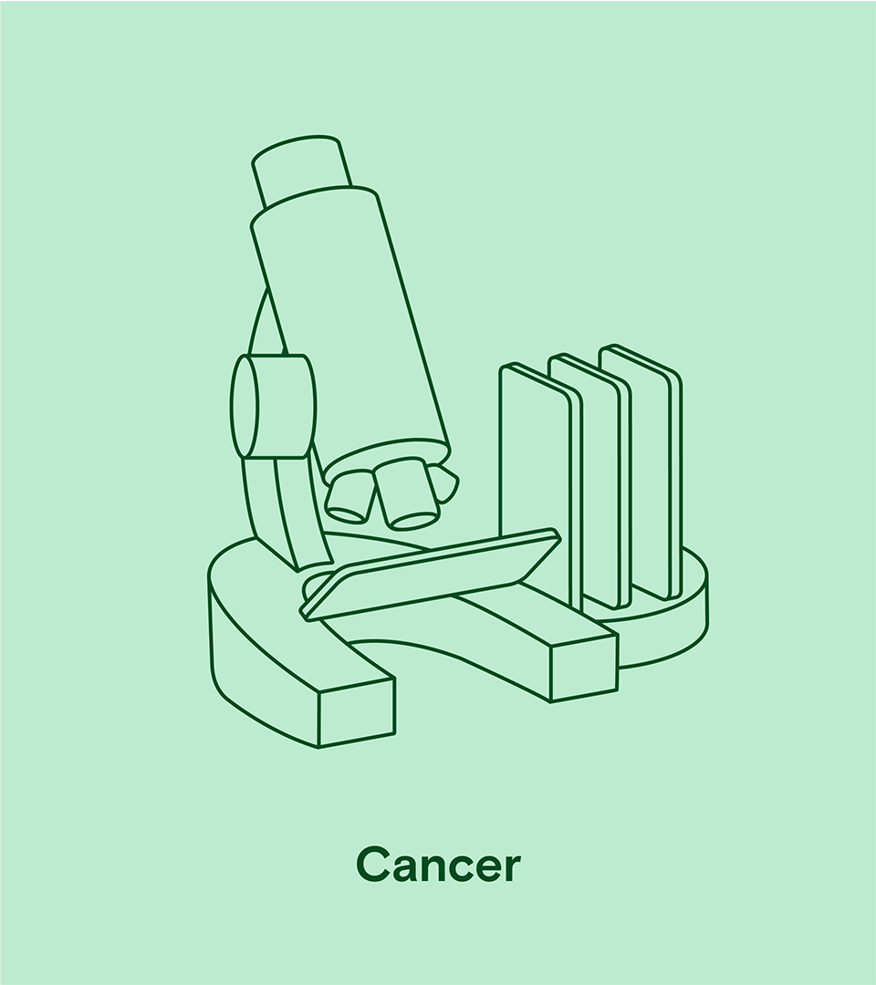 A minimalist green line-art illustration of a microscope with the word "Cancer" written below, representing scientific research and testing.