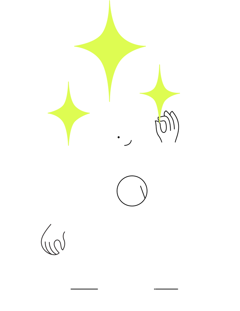 Minimalist illustration of a person in a polka-dot outfit reaching toward glowing stars above them.