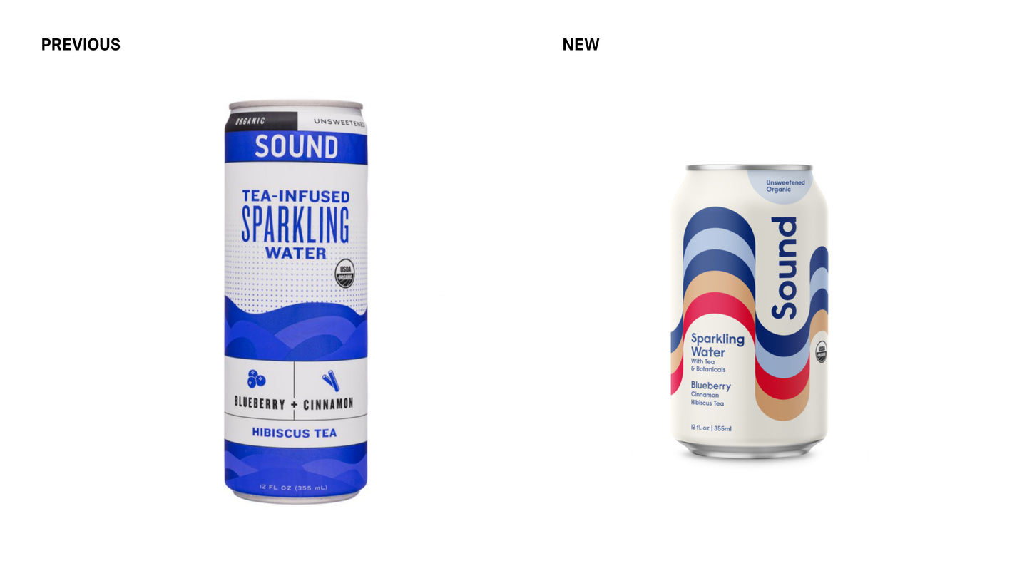 Side-by-side comparison of Sound sparkling water can designs. The previous design on the left features a blue and white color scheme with bold text. The new design on the right has a softer cream background with curved, multicolored wave patterns and a modernized logo.