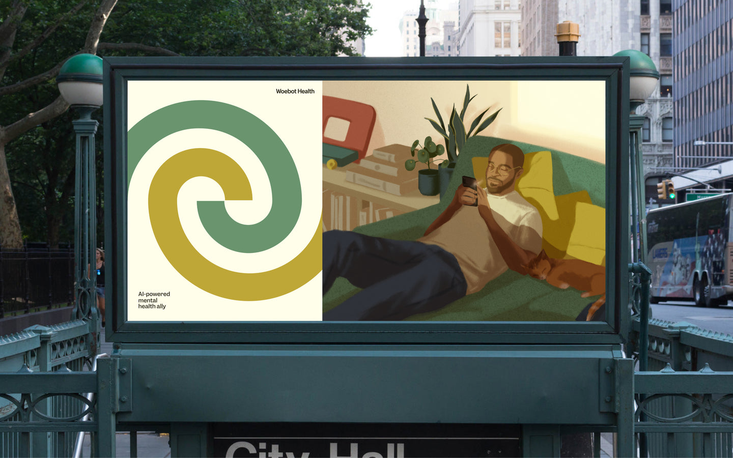 Illustrated advertisement for Woebot Health displayed on a city subway entrance. The left side features a green and gold spiral design with text reading 'AI-powered mental health ally.' The right side shows a man relaxing on a couch, using his phone, with a cat resting beside him.