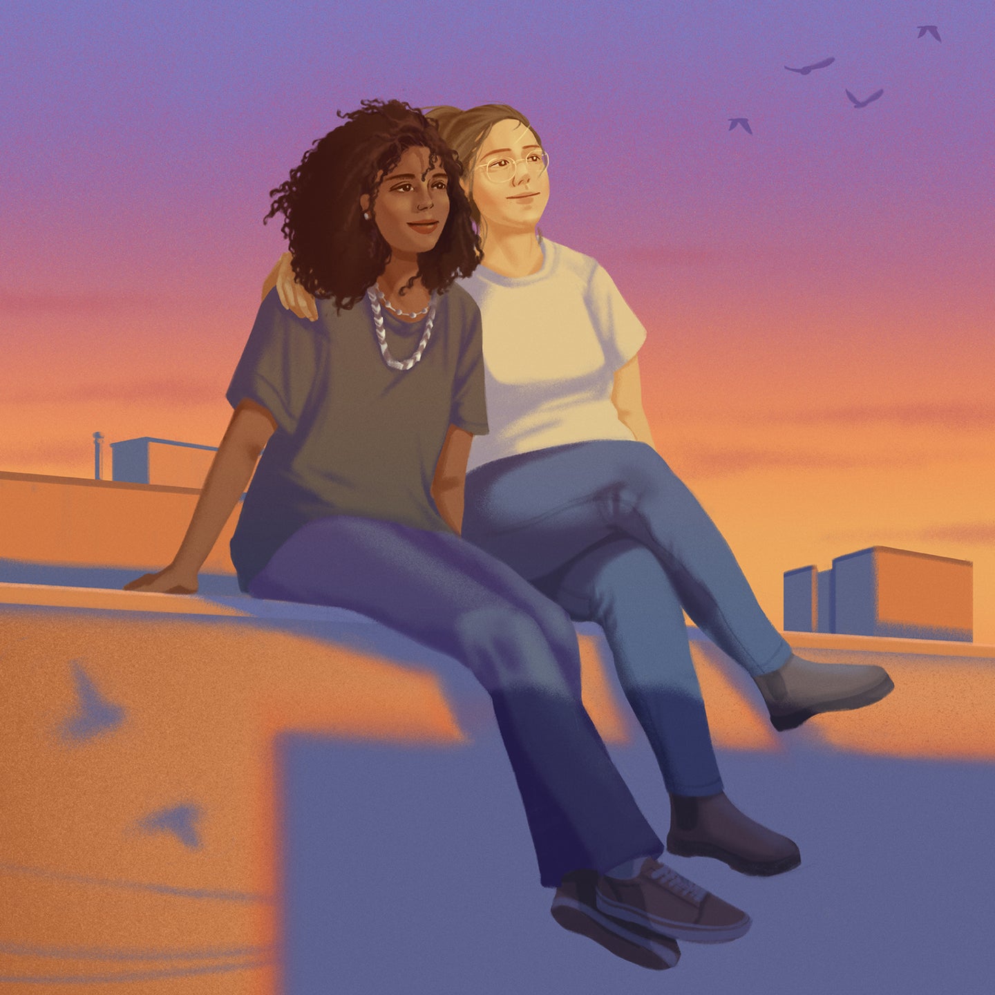 A digital illustration of two friends sitting together on a rooftop at sunset, with one person’s arm around the other as they gaze into the distance. Birds fly overhead against a colorful sky.