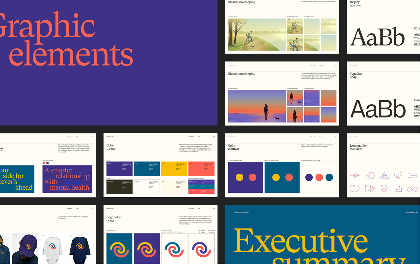 A collage of design elements from Woebot Health’s brand guidelines, showcasing typography, color palettes, illustration styles, logo variations, and iconography, with 'Graphic elements' in bold typography on a purple background.