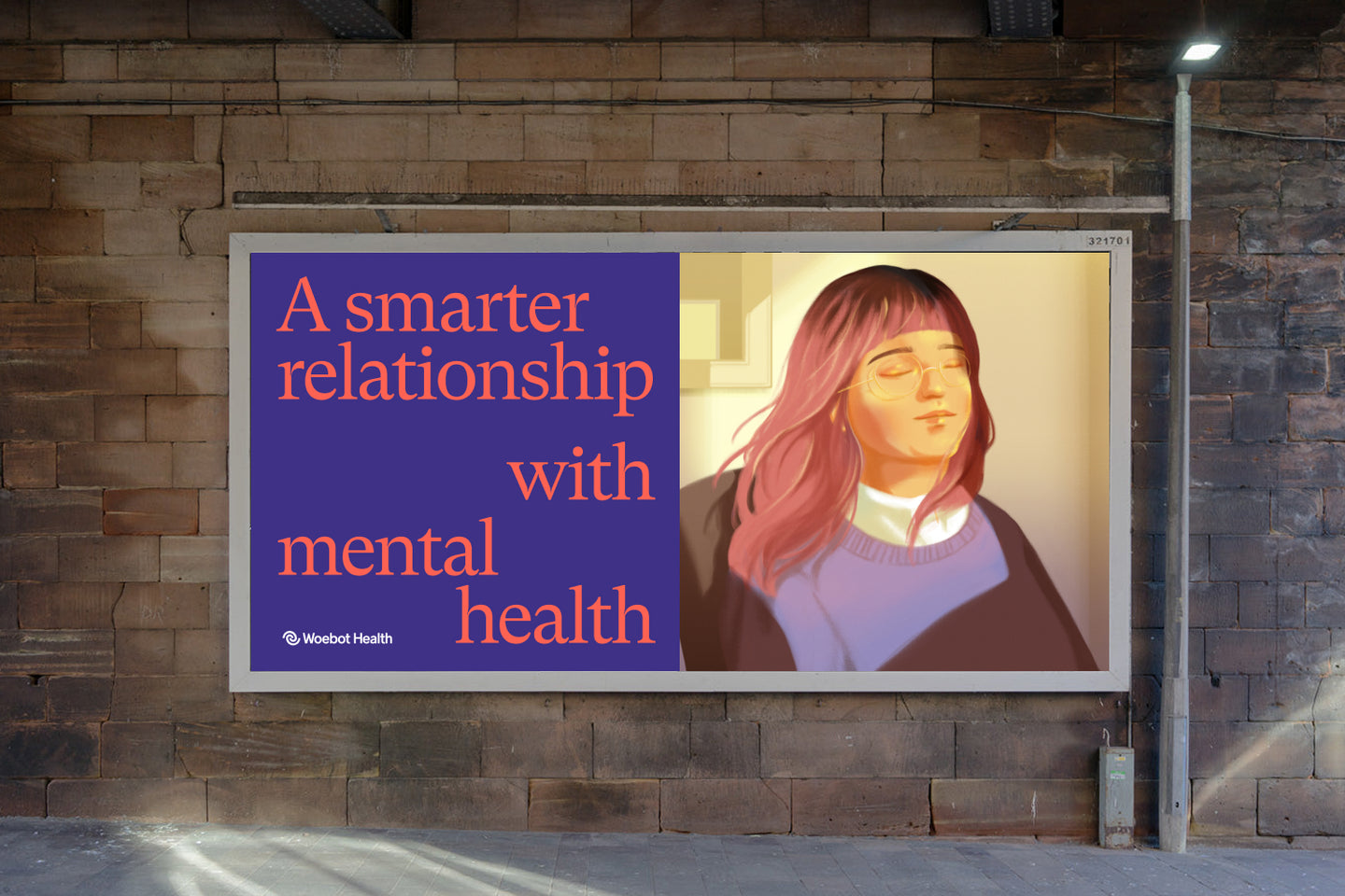 A Woebot Health billboard featuring the message 'A smarter relationship with mental health' in bold typography on a purple background. Beside the text, an illustrated woman with pink hair and glasses sits calmly with her eyes closed, exuding a sense of peace and mindfulness.