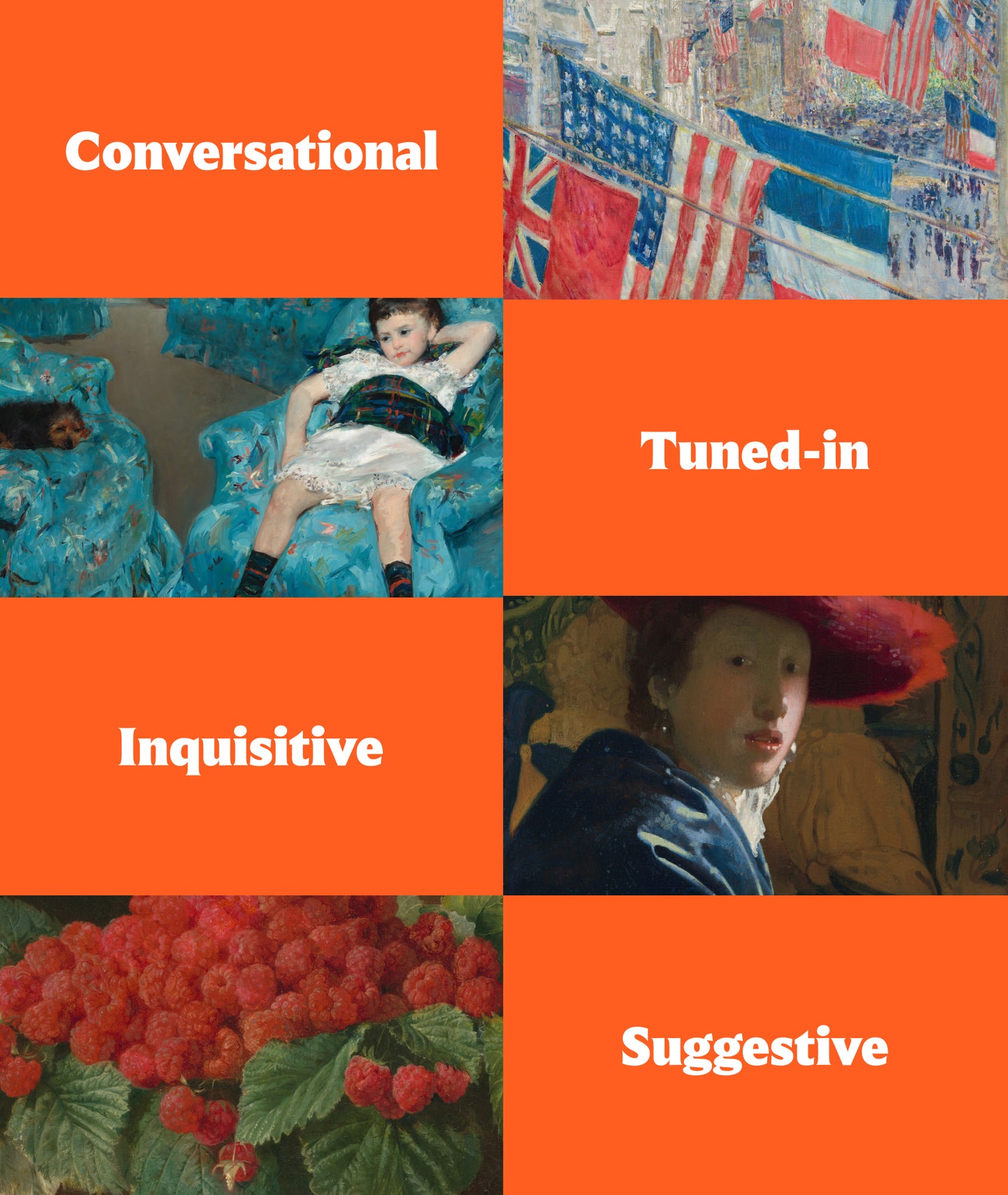 A collage featuring classic paintings interspersed with bold orange blocks containing white text. The words 'Conversational,' 'Tuned-in,' 'Inquisitive,' and 'Suggestive' describe different aspects of engagement with art.