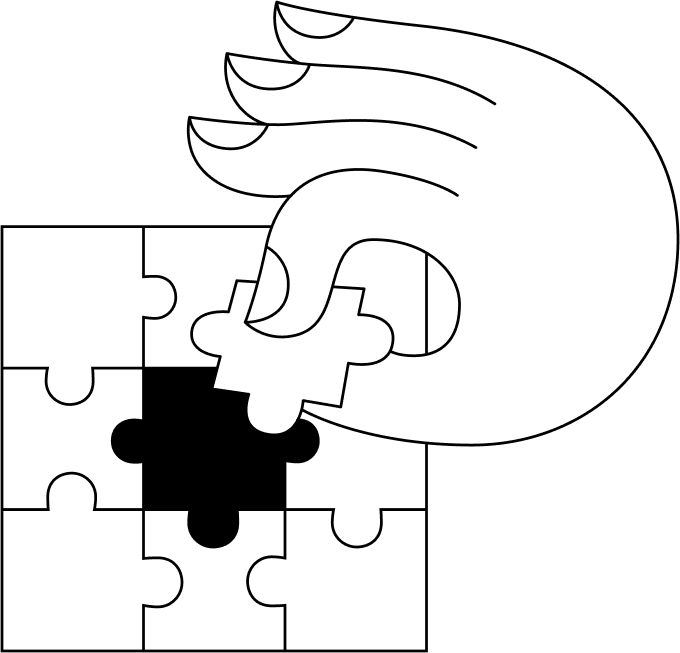 Cartoon graphic of white hand placing a puzzle piece