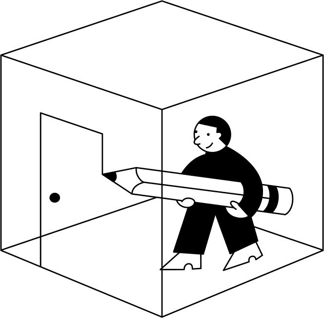 Cartoon graphic of man with pencil in box