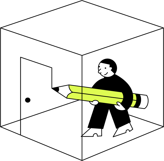 Cartoon graphic of man with pencil in box