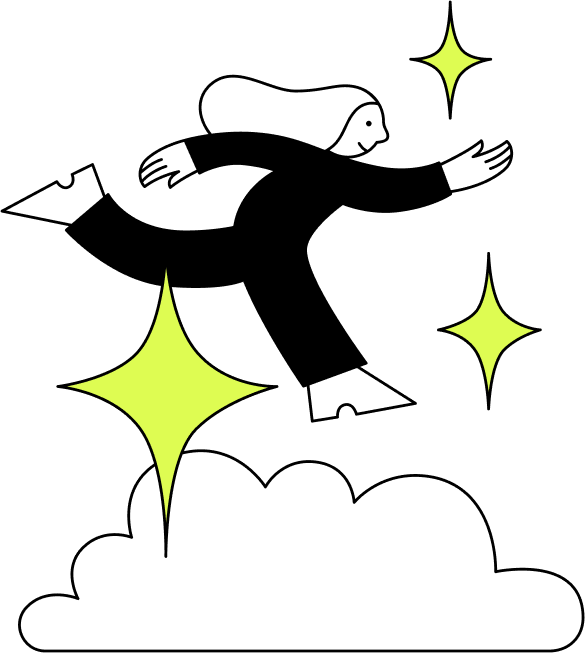 Graphic of cartoon woman running on clouds with stars behind