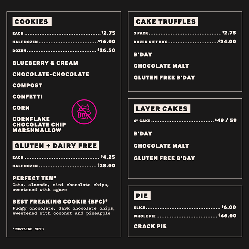 A black menu from Milk Bar featuring sections for cookies, cake truffles, layer cakes, and pies. The cookie section lists flavors like blueberry & cream, chocolate-chocolate, compost, confetti, and cornflake chocolate chip marshmallow, along with gluten and dairy-free options. Cake truffles come in birthday, chocolate malt, and gluten-free flavors. Layer cakes are available in similar flavors with price options. The pie section highlights slices and whole pies, including the signature Crack Pie.