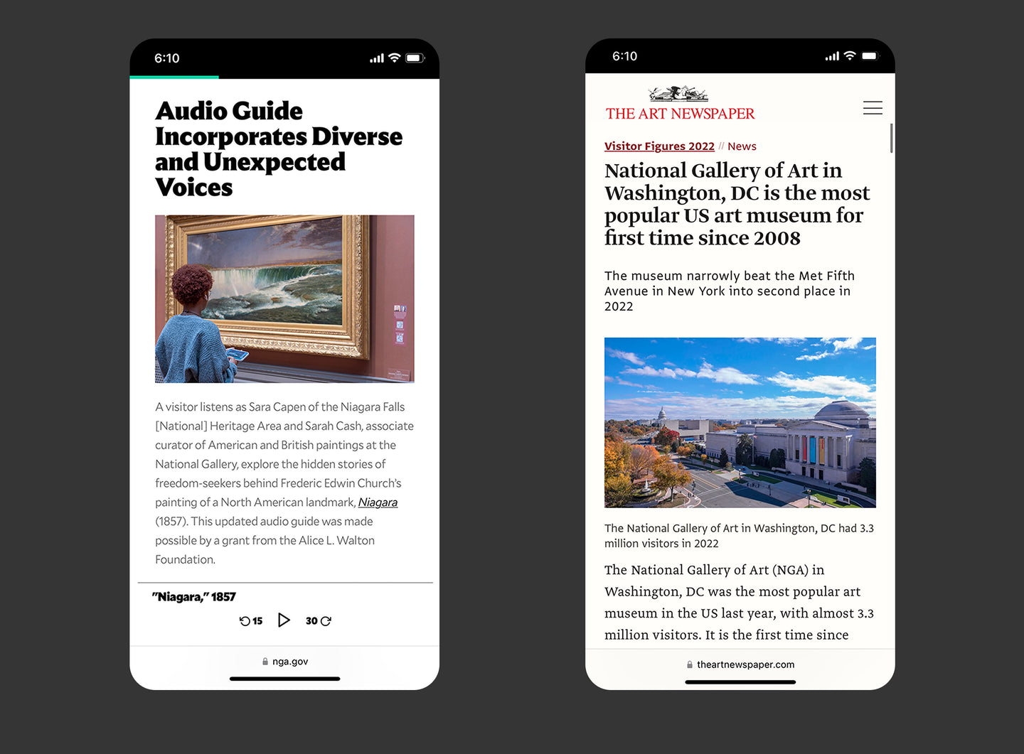 Two smartphone screens displaying articles about the National Gallery of Art; the left screen features an article on an audio guide with diverse voices, while the right screen shows a news article about the museum being the most visited U.S. art museum in 2022.