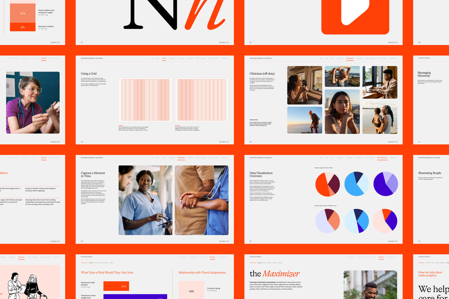 A digital collage of various design elements from Nomad, including typography, photography, data visualizations, and layout grids, set against a bold orange background.