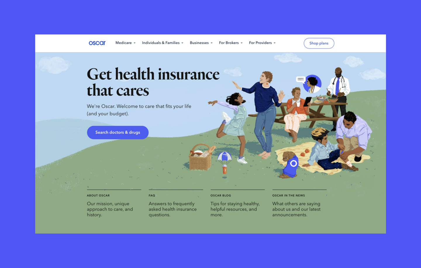 Illustrated banner featuring a diverse group of people having a picnic outdoors, with a doctor in the background. The text highlights Oscar Health’s caring approach to health insurance, with a call-to-action button for searching doctors and drugs.