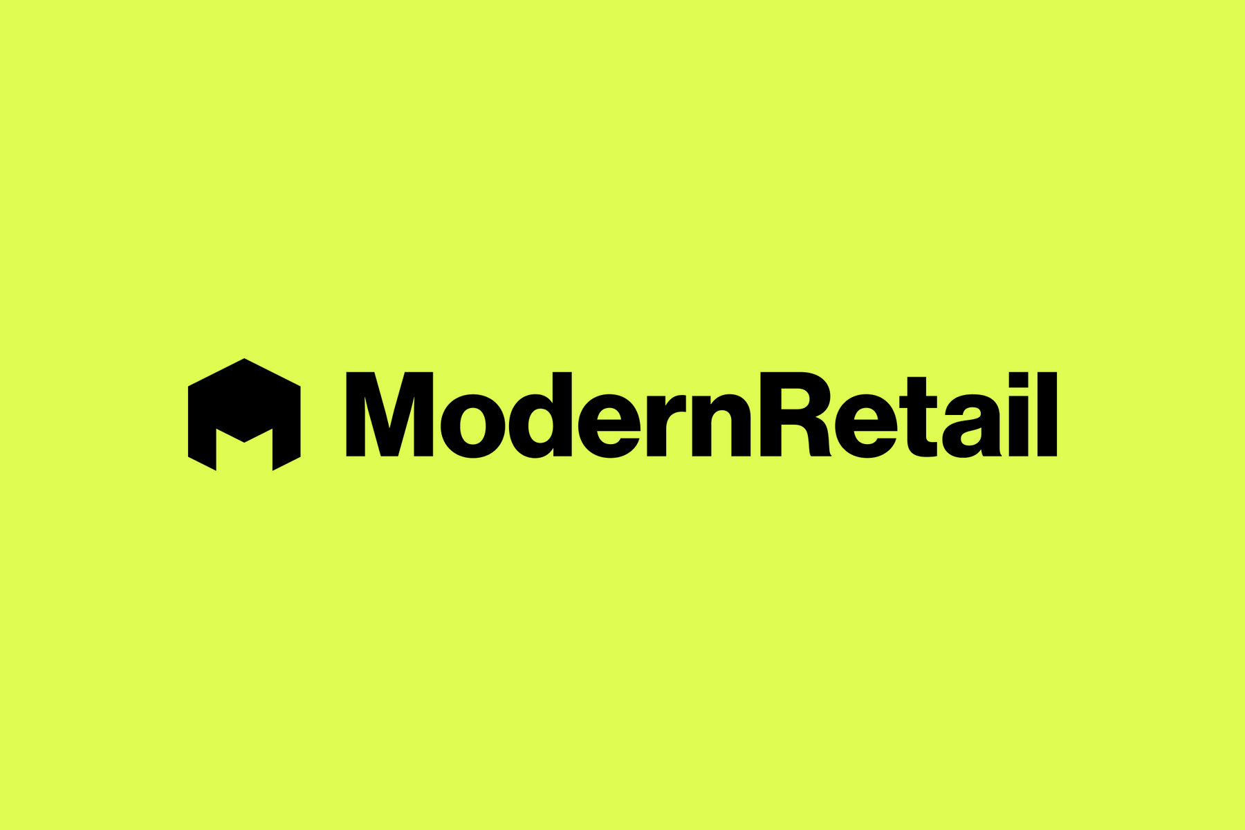 Black text reading 'ModernRetail' alongside a stylized black logo resembling a geometric house, set against a bright yellow background.