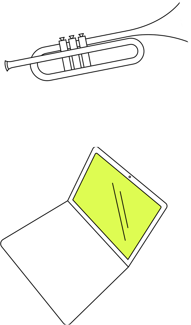 Minimalist illustration of a laptop, basketball, and trumpet floating in the air, representing diverse interests.