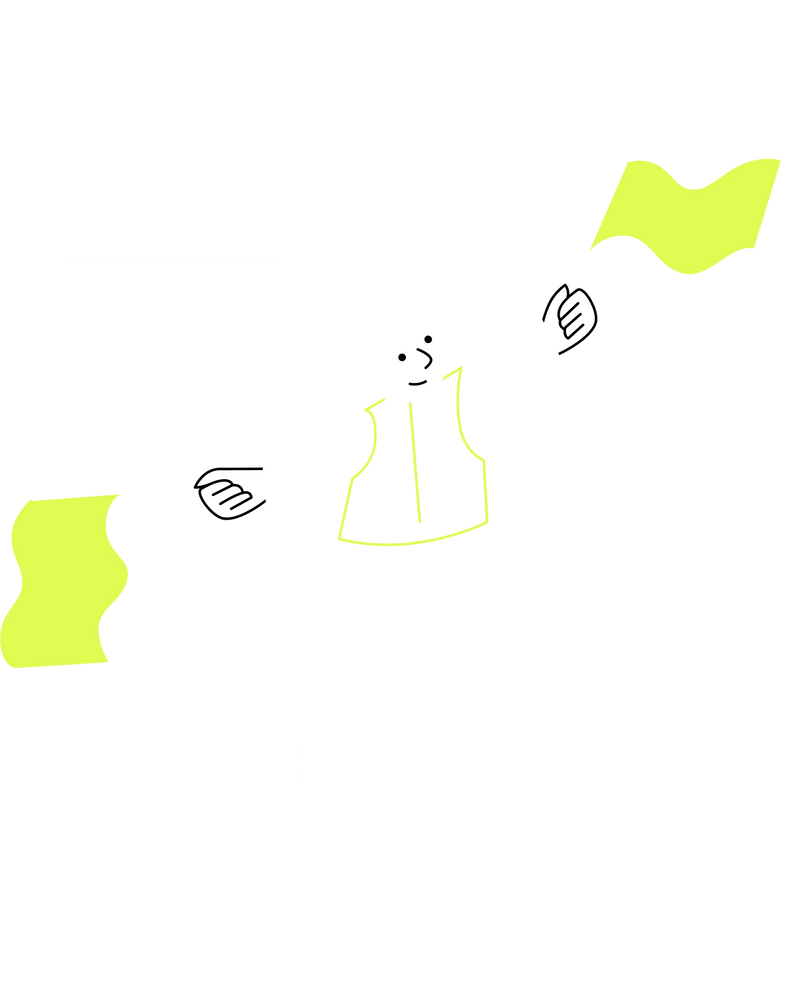 Minimalist illustration of a person waving two flags while standing on a road, with clouds in the background.