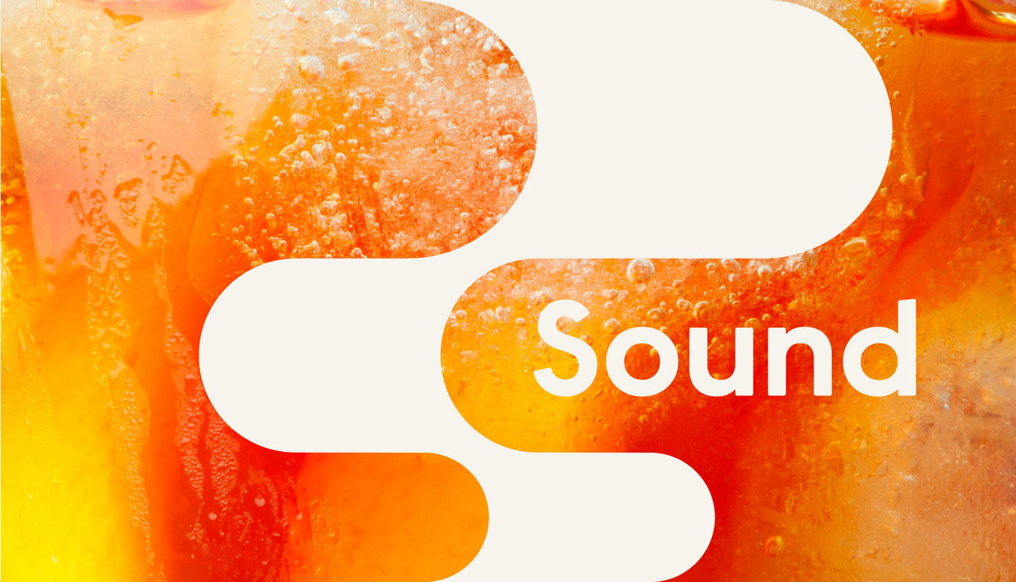 Abstract design featuring bubbly orange liquid with the word 'Sound' in bold white text overlaid on a stylized beige shape.