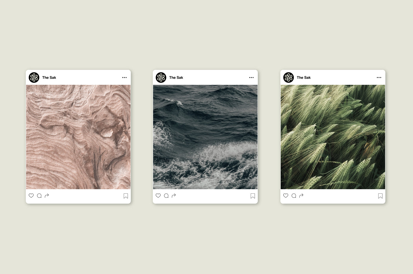 A set of three social media posts from The Sak, each featuring a nature-inspired texture—layered sand patterns, ocean waves, and lush green grass—representing earthy elements in a cohesive visual identity.