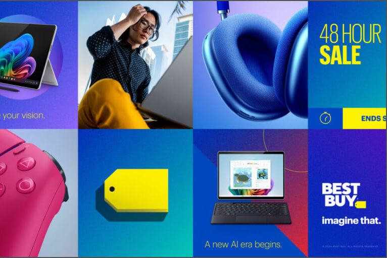 A digital collage promoting a Best Buy 48-hour sale, featuring images of electronics, including a tablet, headphones, a gaming controller, a laptop, and a yellow price tag. A person is shown working on a laptop outdoors. The Best Buy logo and the phrase 'Imagine that.' appear in the bottom right corner.