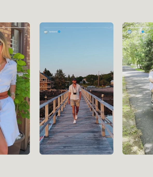 A video reel showing a series of Lands' End Instagram stories featuring various influencers styled in Lands' End apparel